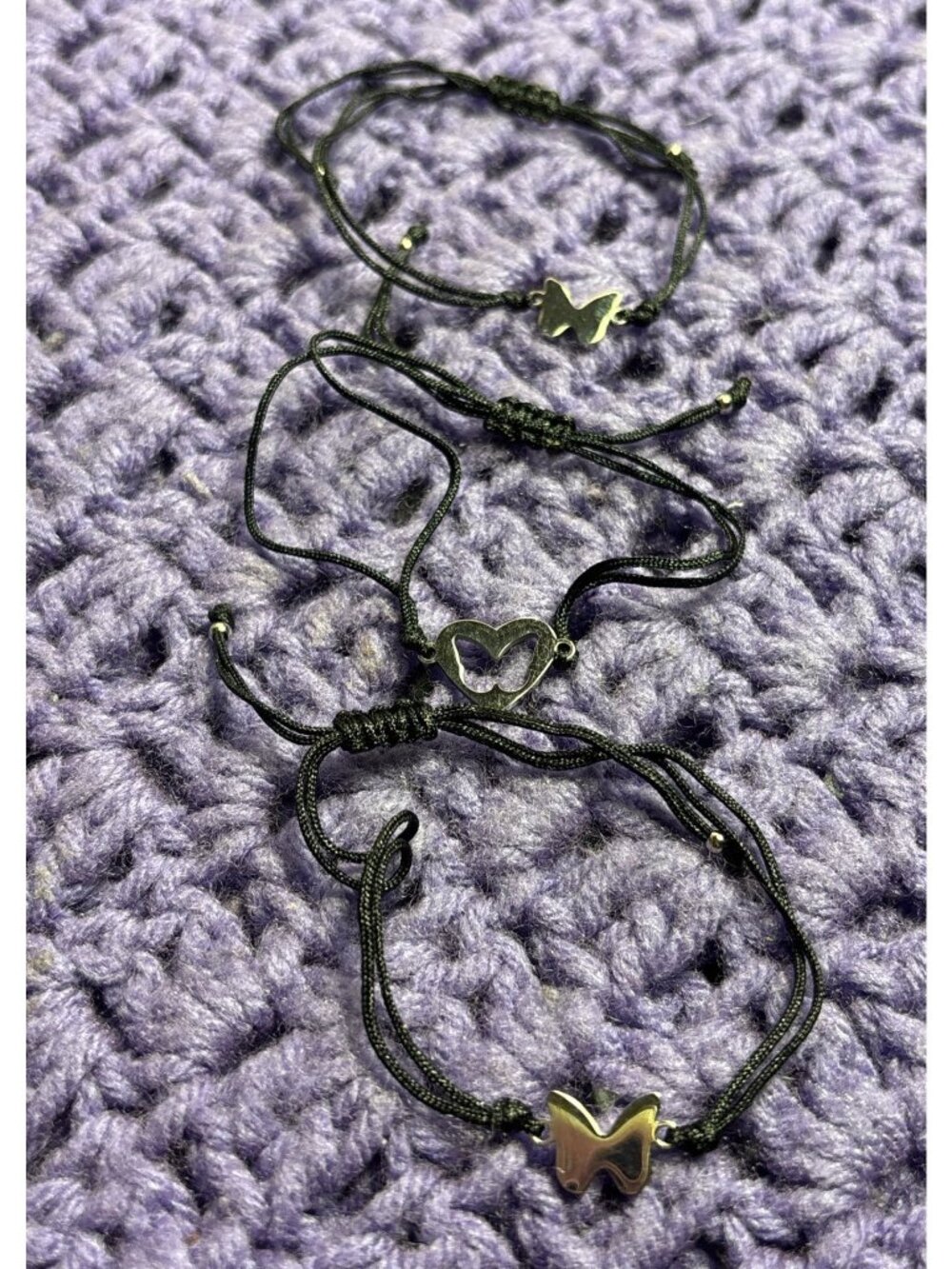 Set of 3 Silvertone Butterfly Black Cord Adjustable Bracelets